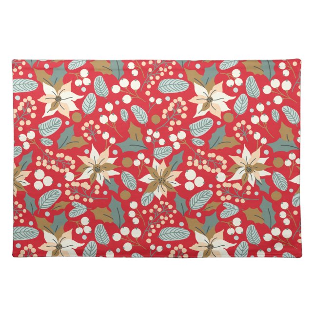 Poinsettia red background winter holiday  cloth placemat (Front)