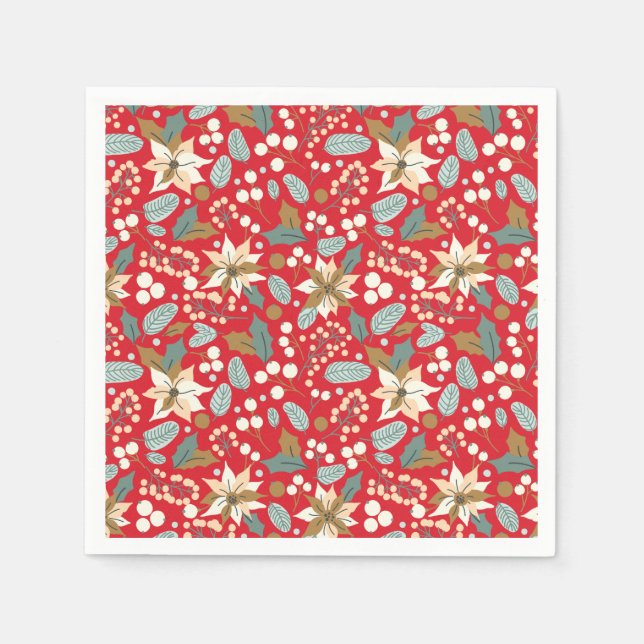Poinsettia red background winter holiday napkins (Front)