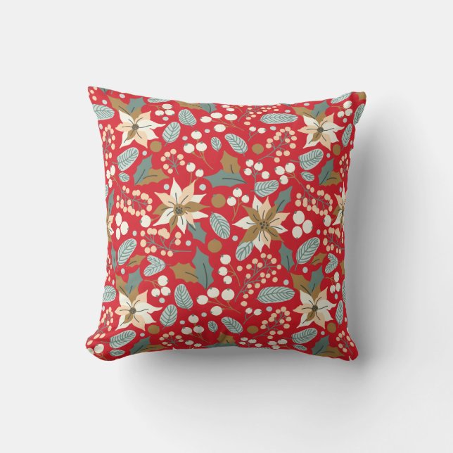 Poinsettia red background winter holiday throw pillow (Front)