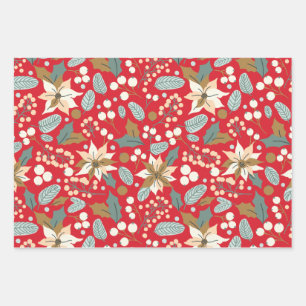 Poinsettia red background winter holiday wrapping paper sheets