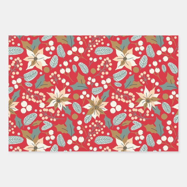 Poinsettia red background winter holiday wrapping paper sheets (Front)