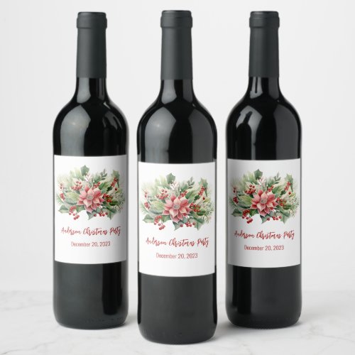 Poinsettia Red Berries Christmas Holiday Party Wine Label