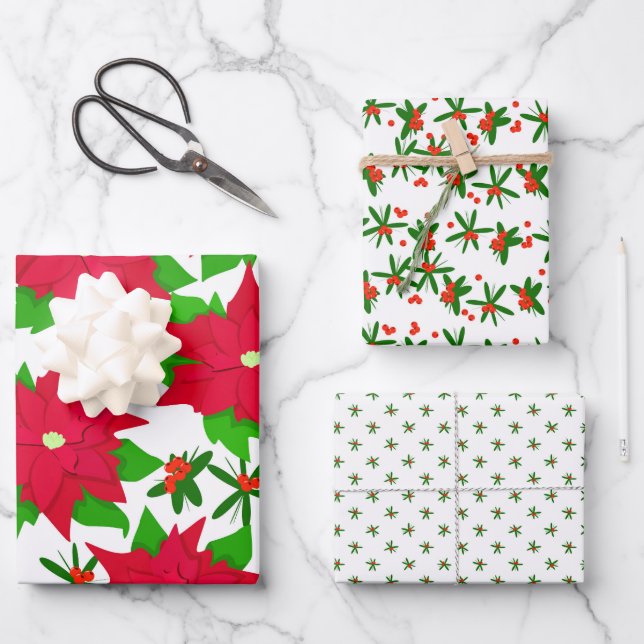 Poinsettia & Red Berry Festive Mexican Christmas Wrapping Paper Sheets (Front)