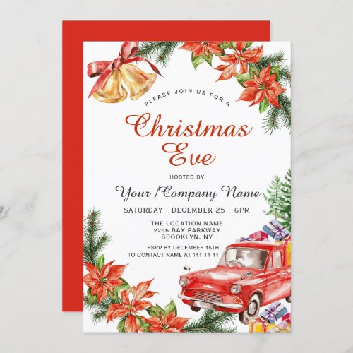 Poinsettia Red Car Christmas Holiday Eve Wreath Invitation