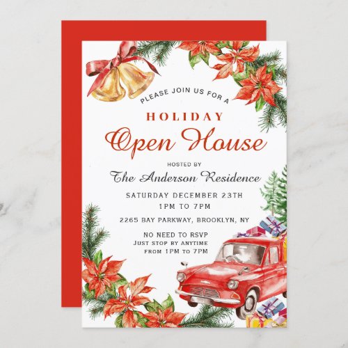 Poinsettia Red Car Christmas Holiday Open House Invitation