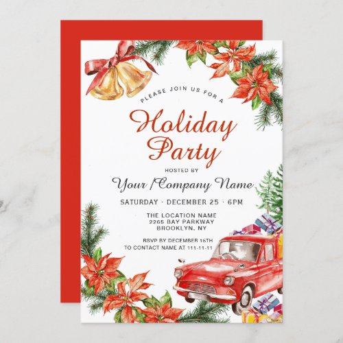 Poinsettia Red Car Christmas Wreath Holiday Party Invitation