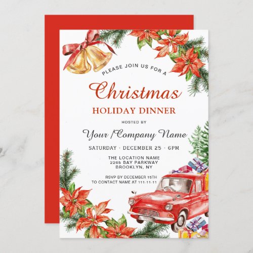 Poinsettia Red Car Wreath Christmas Holiday Dinner Invitation