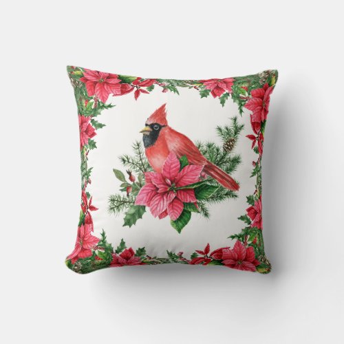 Poinsettia Red Cardinal Christmas Bids Holiday  Throw Pillow