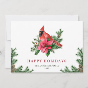 Poinsettia Red Cardinal Christmas Greeting Holiday Card