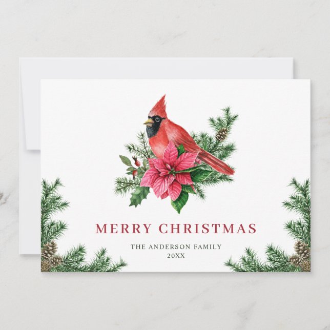 Poinsettia Red Cardinal Christmas Greeting Holiday Card (Front)