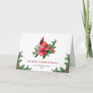 Poinsettia Red Cardinal Christmas Greeting Holiday Card