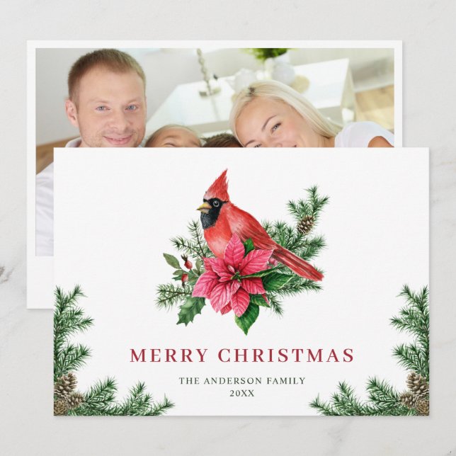 Poinsettia Red Cardinal Christmas Greeting PHOTO Holiday Card (Front/Back)