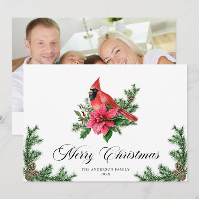 Poinsettia Red Cardinal Christmas Greeting PHOTO Holiday Card (Front/Back)