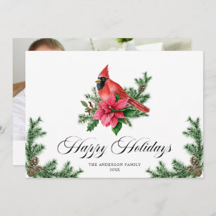 Poinsettia Red Cardinal Christmas Greeting PHOTO Holiday Card