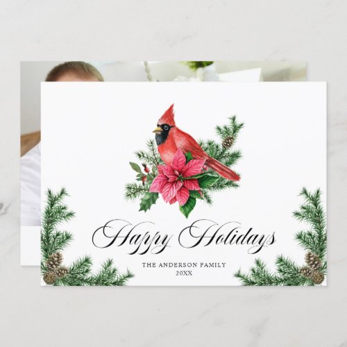 Poinsettia Red Cardinal Christmas Greeting PHOTO Holiday Card