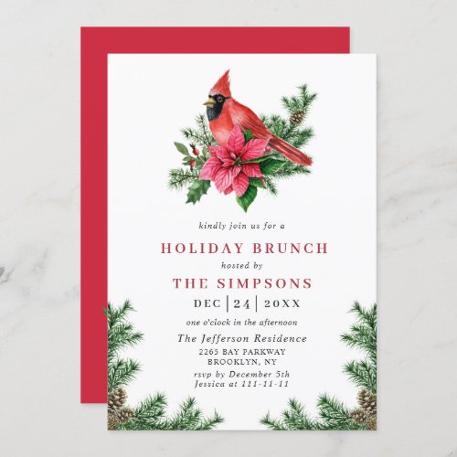 Poinsettia Red Cardinal Christmas HOLIDAY BRUNCH Invitation