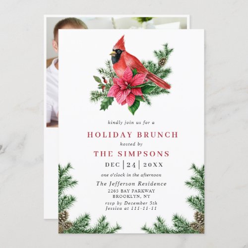 Poinsettia Red Cardinal Christmas HOLIDAY BRUNCH Invitation