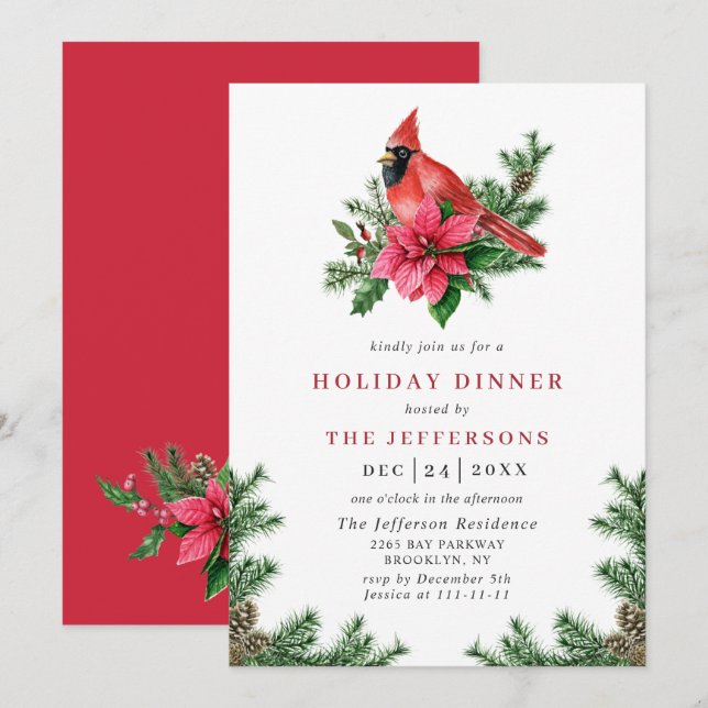 Poinsettia Red Cardinal Christmas HOLIDAY DINNER Invitation (Front/Back)