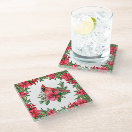 Poinsettia Red Cardinal Christmas Holiday Glass Coaster