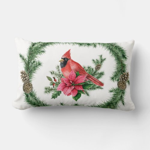 Poinsettia Red Cardinal Christmas Holiday Lumbar Pillow