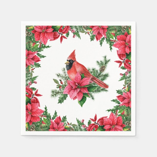 Poinsettia Red Cardinal Christmas Holiday Napkins (Front)