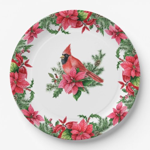 Poinsettia Red Cardinal Christmas Holiday Paper Plates