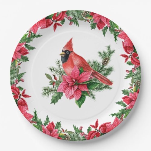 Poinsettia Red Cardinal Christmas Holiday Paper Plates