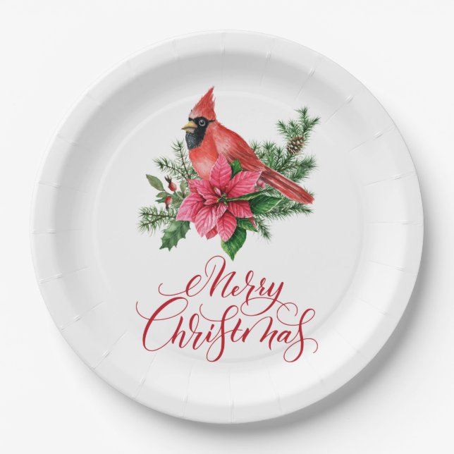 Poinsettia Red Cardinal Christmas Holiday Paper Plates (Front)
