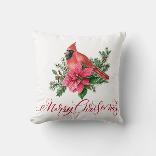 Poinsettia Red Cardinal Christmas Holiday Throw Pi Throw Pillow