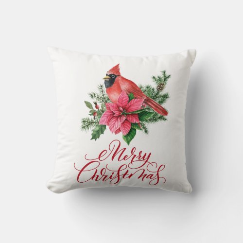 Poinsettia Red Cardinal Christmas Holiday Throw Pillow