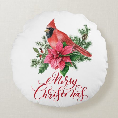 Poinsettia Red Cardinal Christmas Holiday Throw Round Pillow