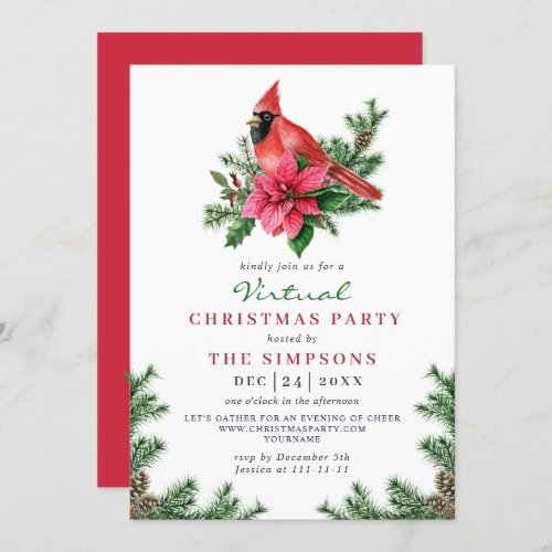 Poinsettia Red Cardinal VIRTUAL Christmas Party Invitation