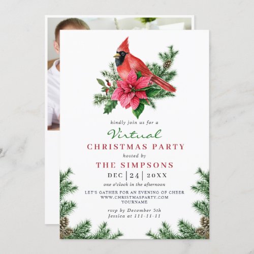 Poinsettia Red Cardinal VIRTUAL Christmas Party Invitation