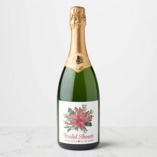 Poinsettia Red  Christmas Floral Bridal Shower Bee Sparkling Wine Label