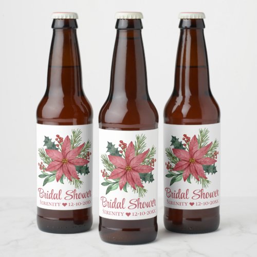 Poinsettia Red  Christmas Floral Bridal Shower Beer Bottle Label