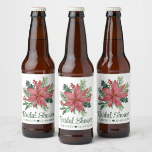 Poinsettia Red Christmas Floral Bridal Shower Beer Bottle Label