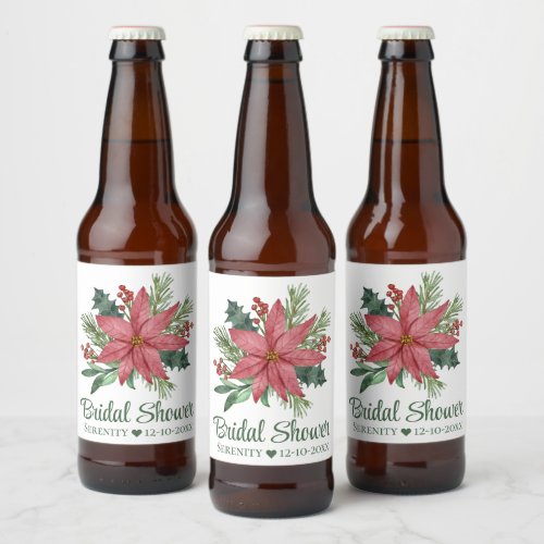 Poinsettia Red  Christmas Floral Bridal Shower Beer Bottle Label