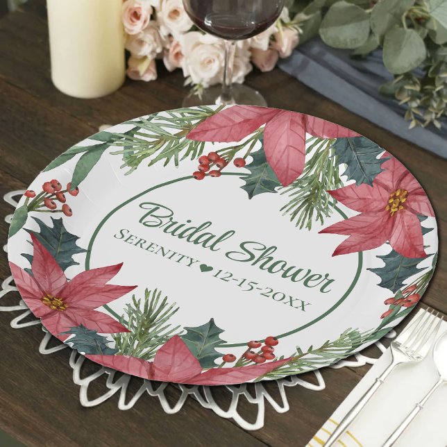 Poinsettia Red Christmas Floral  Bridal Shower Paper Plates (Creator Uploaded)