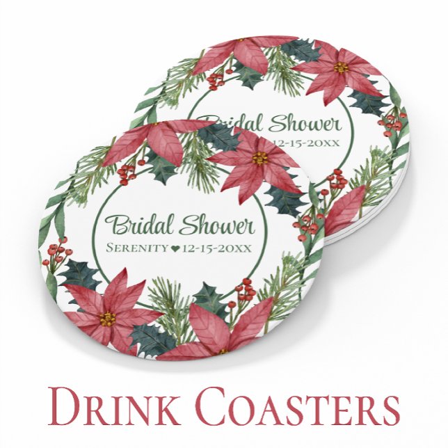 Poinsettia Red Christmas Floral  Bridal Shower  Round Paper Coaster (Creator Uploaded)