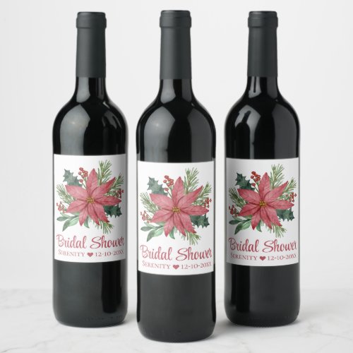 Poinsettia Red  Christmas Floral Bridal Shower Wine Label