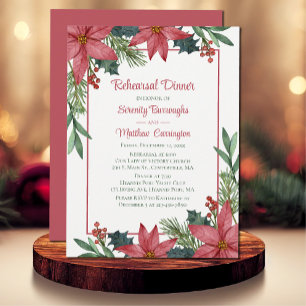 Poinsettia Red Christmas Floral Rehearsal Dinner  Invitation