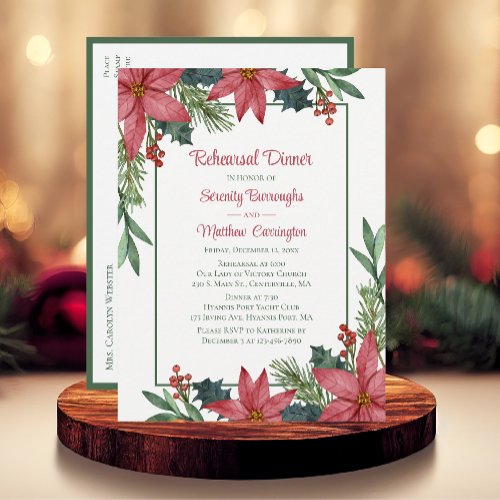 Poinsettia Red Christmas Floral Rehearsal Dinner Invitation Postcard