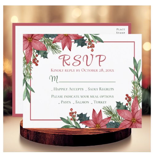 Poinsettia Red Christmas Floral Wedding RSVP Postcard