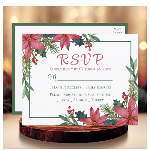 Poinsettia Red Christmas Floral Wedding RSVP Postcard