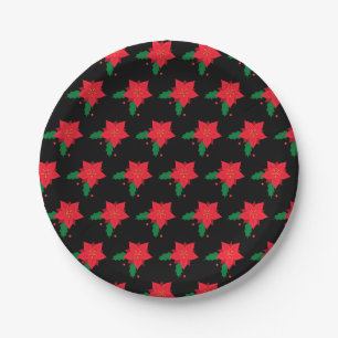 Poinsettia Red Christmas Flower Pattern on Black Paper Plates