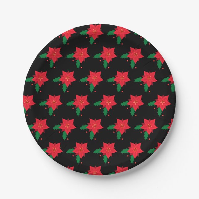 Poinsettia Red Christmas Flower Pattern on Black Paper Plates (Front)