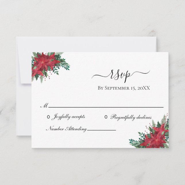 Poinsettia Red Christmas Winter Wedding RSVP Card (Front)