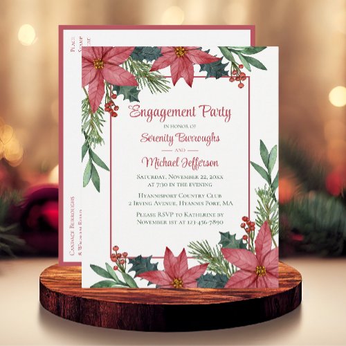 Poinsettia Red Floral Christmas Engagement Party Invitation Postcard