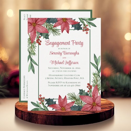 Poinsettia Red Floral Christmas Engagement Party Invitation Postcard