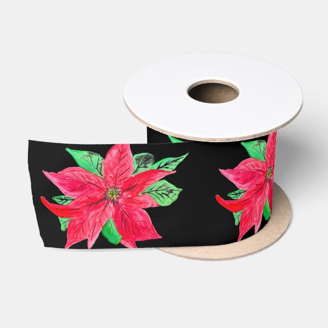 Poinsettia Red Floral Christmas Flower  Satin Ribbon (Spool)